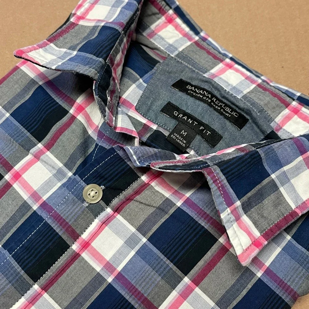 Banana Republic Men's M Grant‎ Fit Shirt Navy Pink Blue Plaid Oxford EUC